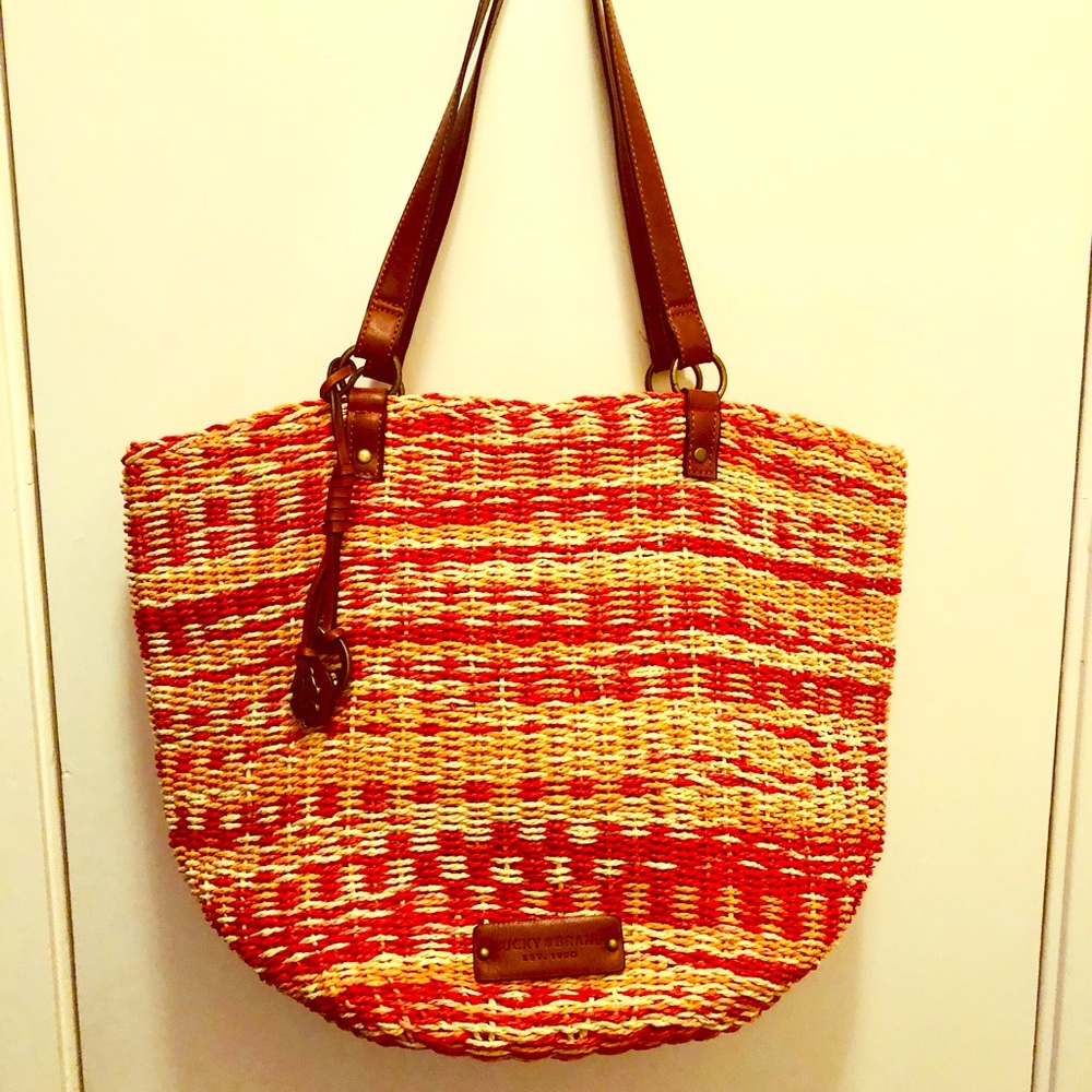 Lucky Brand Straw Tote with Brown Leather Trim